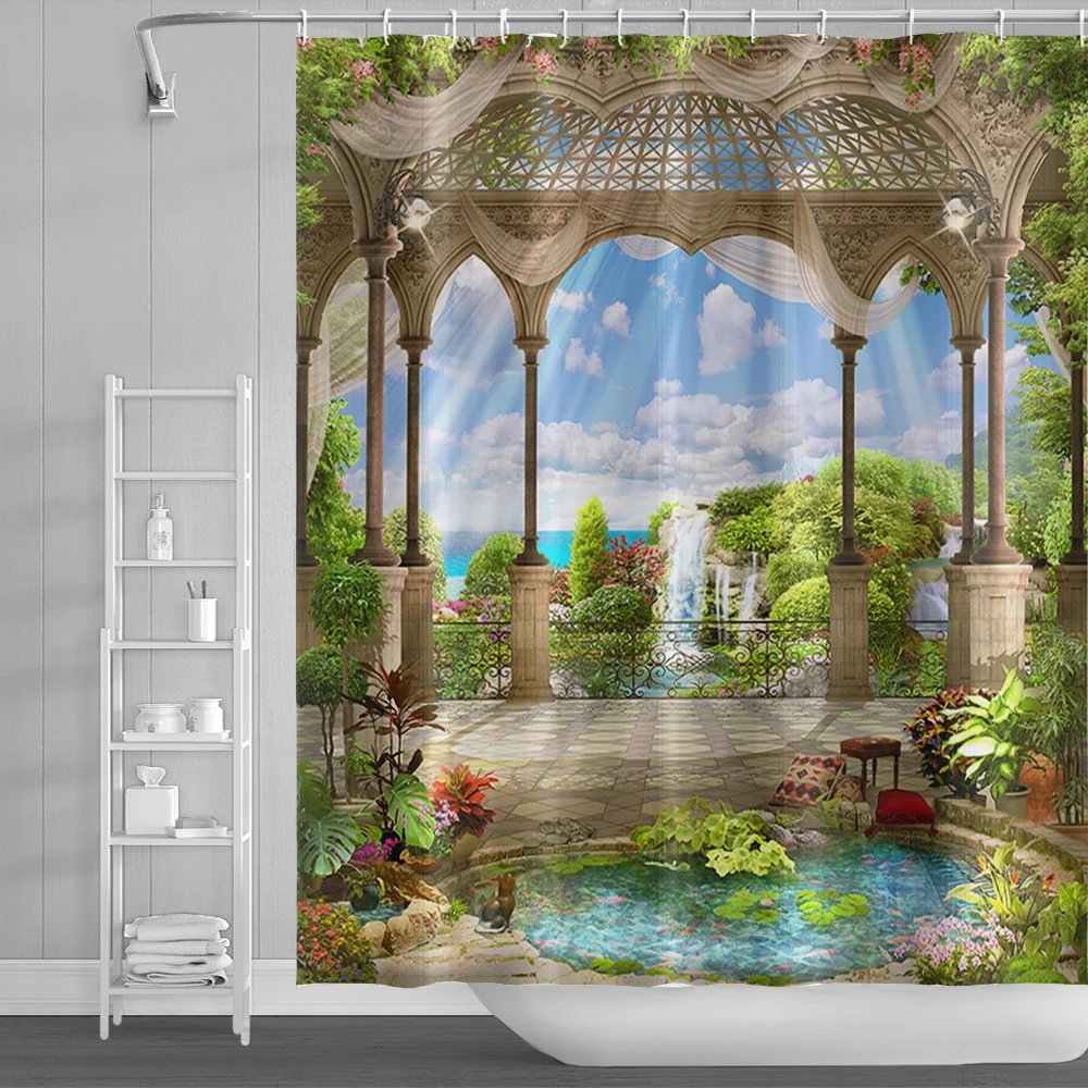 Rural Landscape Shower Curtains Creek Stone Lotus Buddha Bath Curtain Natural Scenery Waterproof Bathroom Home Decor with Hooks