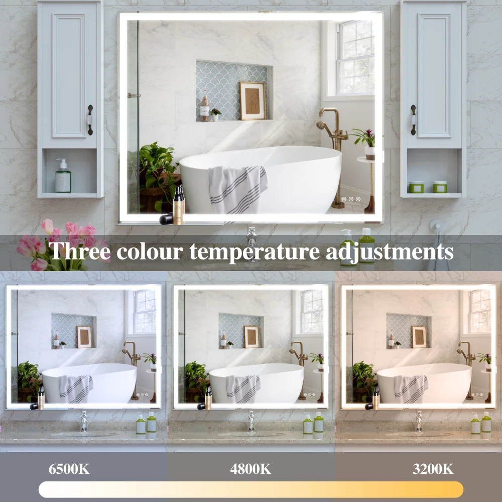 LED Bathroom Vanity Mirror Wall-mounted Color Adjustable/Warm/Natural Light Anti-fog Touch Switch Smart Large Bathroom Mirror