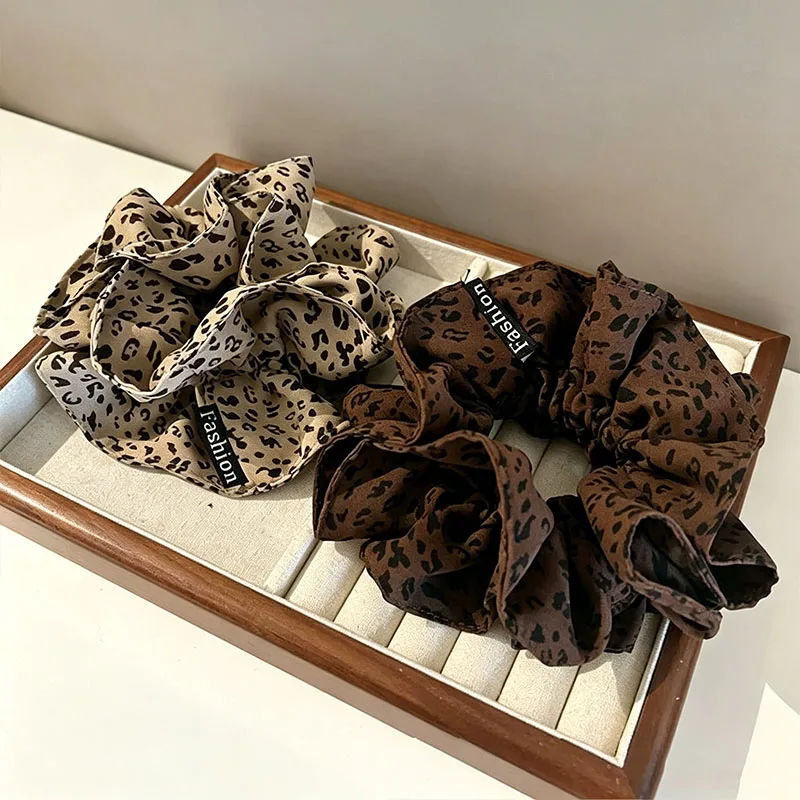 Vintage Leopard Pattern Double-layer Scrunchie For Women Girls Sweet Hair Tie Elastic Hair Band Hair Ring Hair Accessories