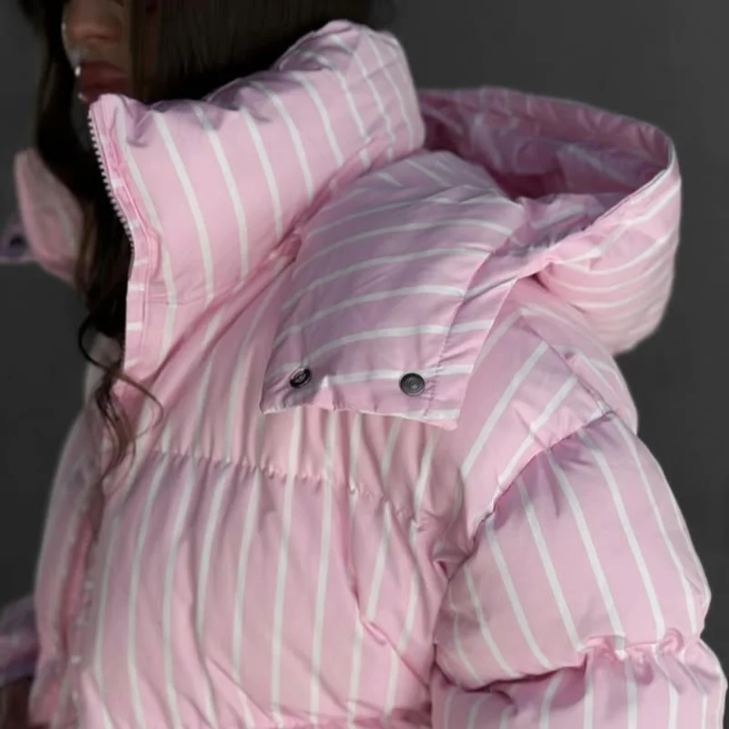 2026 Winter Autumn Stripe Cotton Padded Jacket For Women Warm Long Sleeve Zipper Hooded Coats Lady Street Chic Outdoor Outerwear