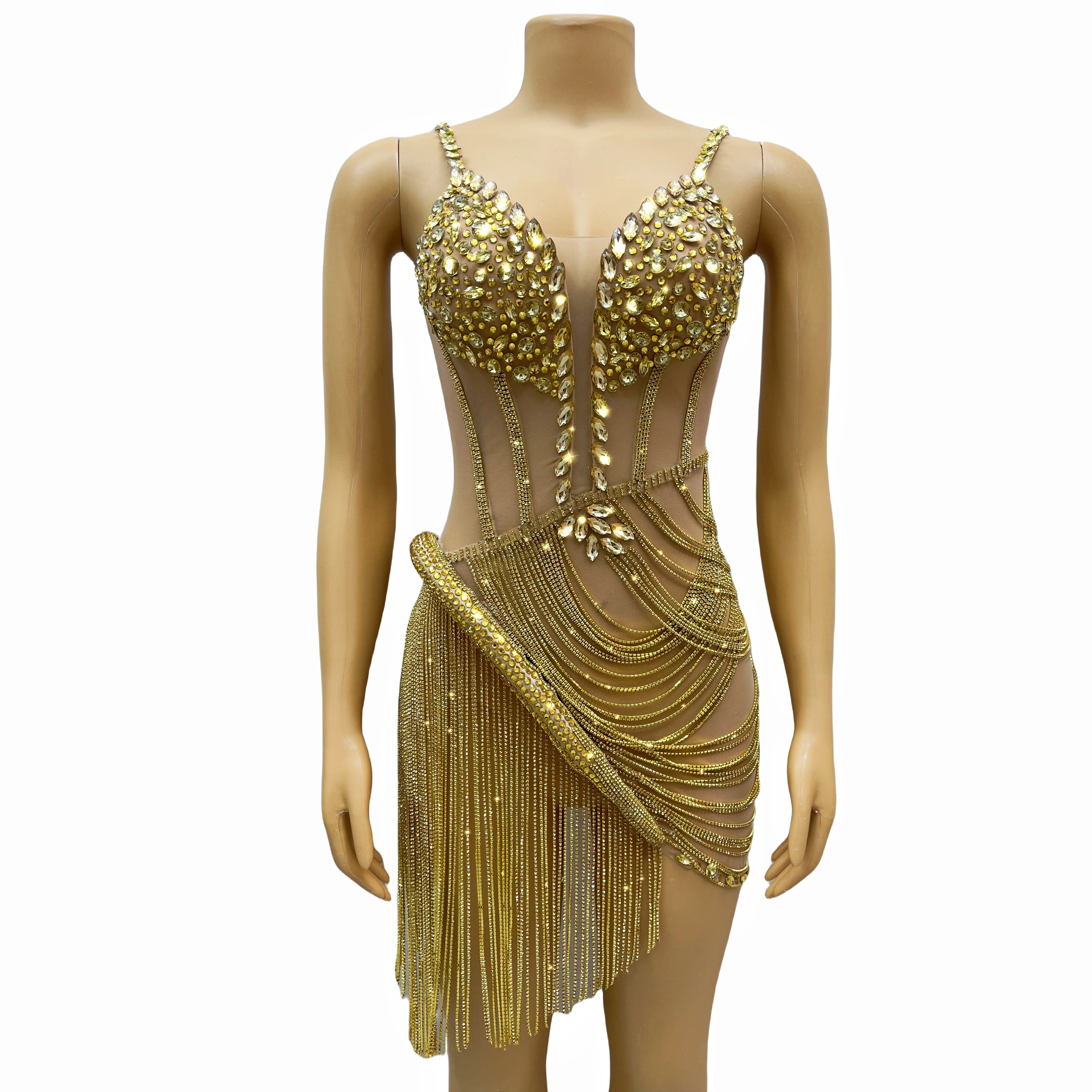 Vestido corto de lujo con diamantes de imitación brillantes para mujer, cadenas de cristal, tirantes sexys, traje de fiesta para espectáculo, disfraz de cantante Liehu