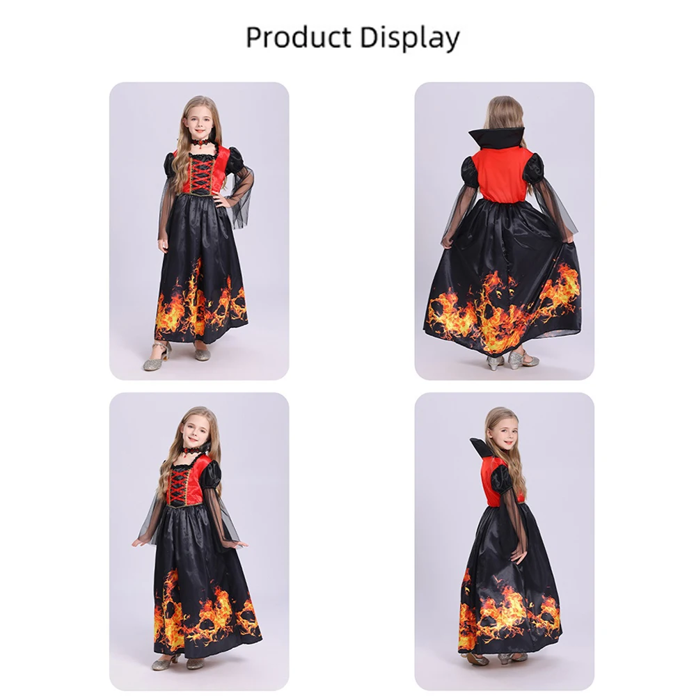 Gothic Vampire Long Dress Costume Red Floral Inner Robe With Flared Sleeves Hooded Skeleton Print Gown And Flame Pattern Hem Dress Classic Stand Collar Matching Decorative Neck Ring For Halloween Gathering Haunted House Event Horror Themed Cosplay Outfit view 6