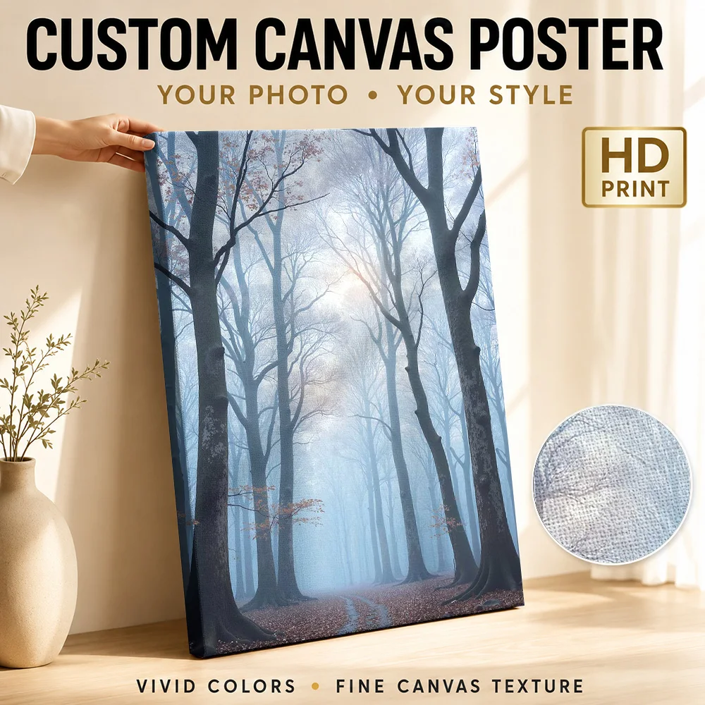 Misty Forest Path In Autumn Framed Canvas Print Customized Photo Detailed Realistic Composition Wall Art For Lodge Reception