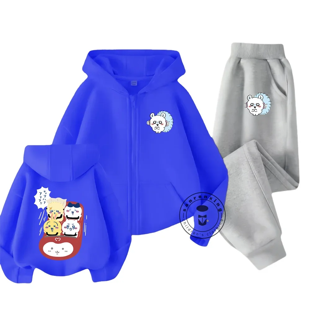 Chiikawa Children Zipper Hoodie Set Cartoon Print Autumn and Winter Long-sleeved Sweatshirt Boys and Girls Casual Cute