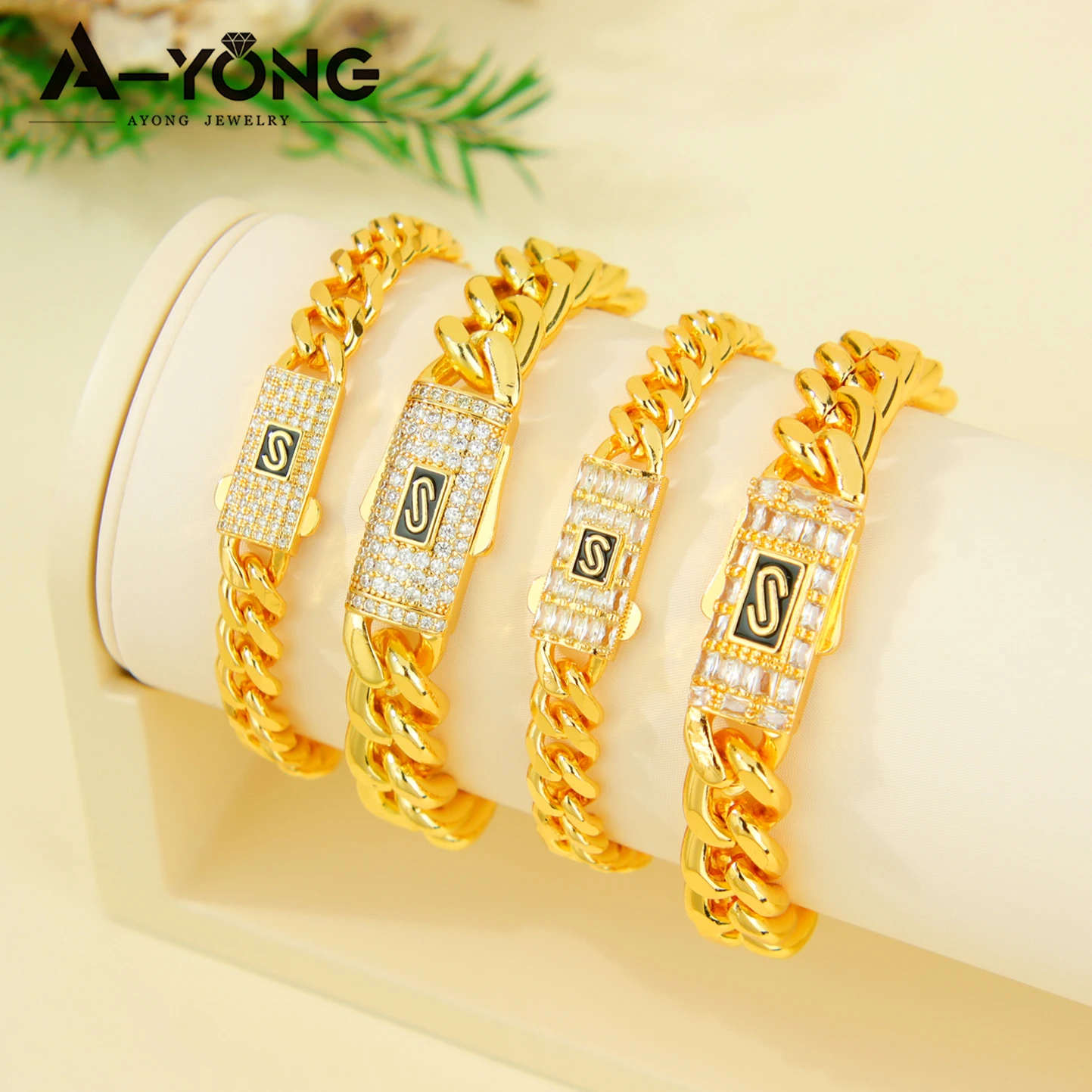 Italienisches Zirkonia Hip-Hop Armband 21k Vergoldet Dubai Punk Kubanisch Verstellbare Armbänder Arabische Muslimische Frauen Event Party Schmuck – Detail 5