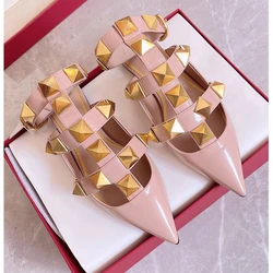 Pointed Large Rivet Flat Bottom Baotou Sandals 2023 New Spring/Summer Sexy Party Genuine Leather Women's Slim High Heels Sandals