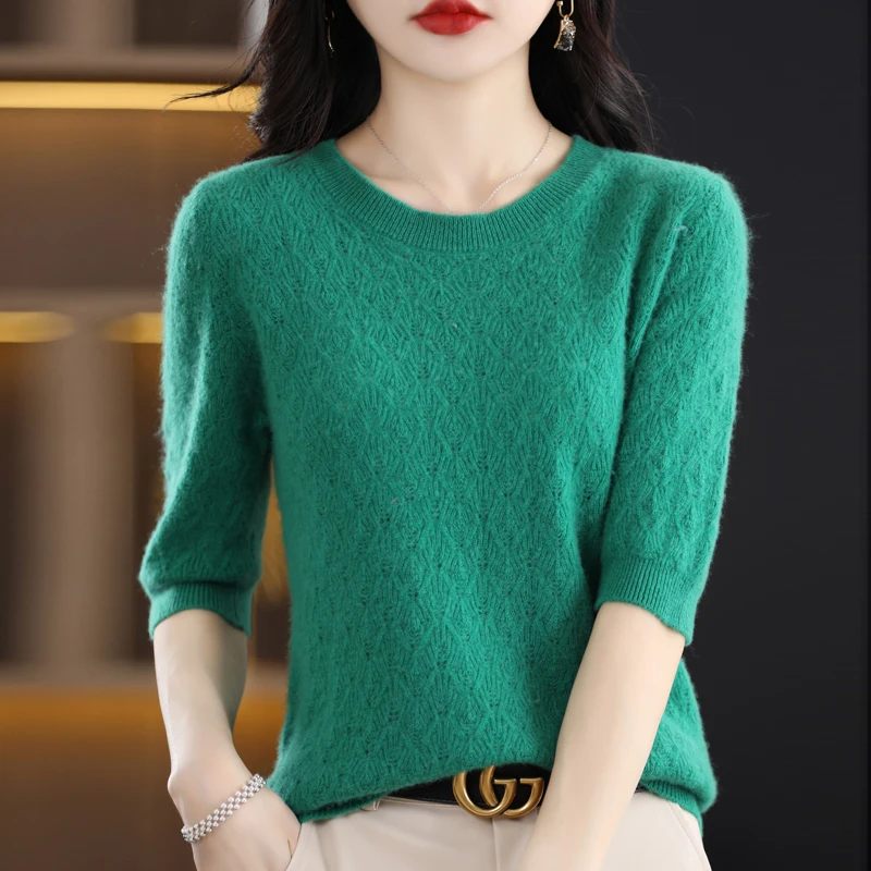 Spring Autumn Women 100% Merino Wool Seamless Sweater Half Sleeve O-neck  Hollow Out Pullover Casual Knit Soft Bottoming Top