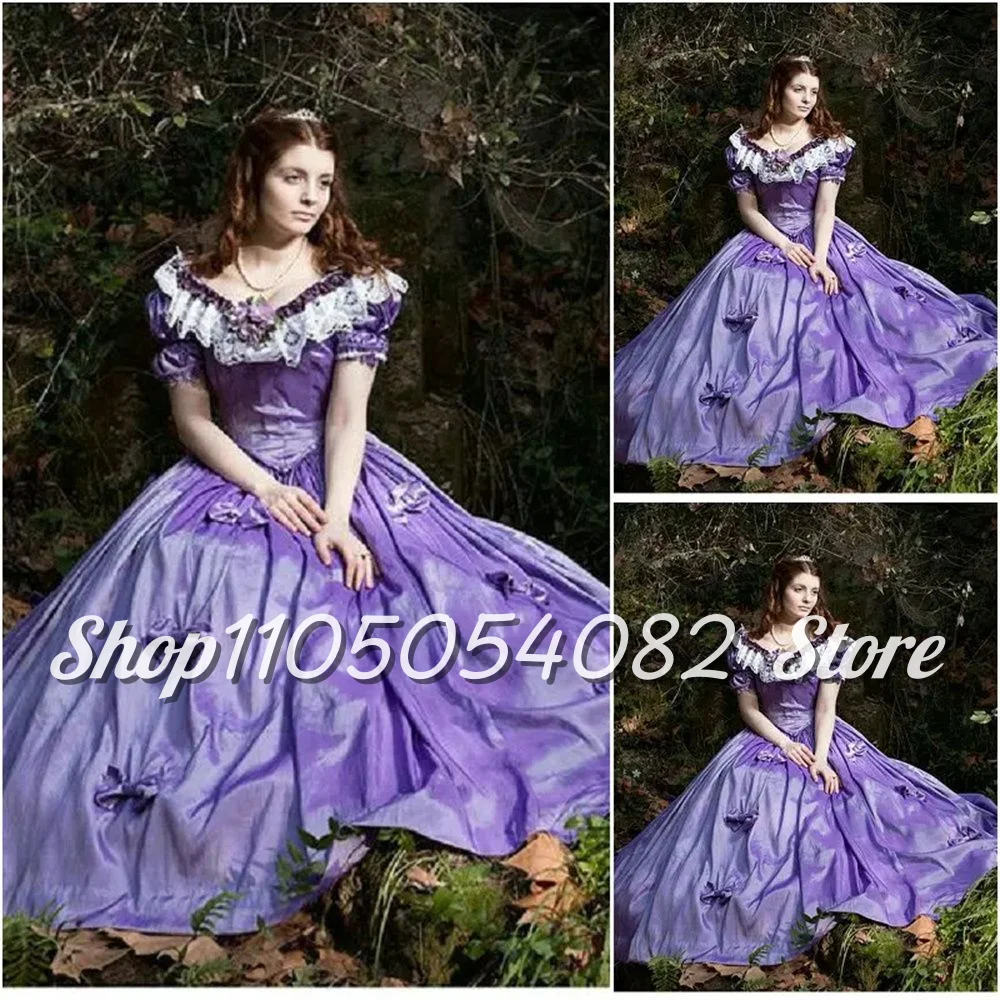 

Customized Lilac Victorian Ball Gowns V-Neck Short Sleeve Ruffled Lace A-Line Pleated Floor Length Medieval Evening Dresses