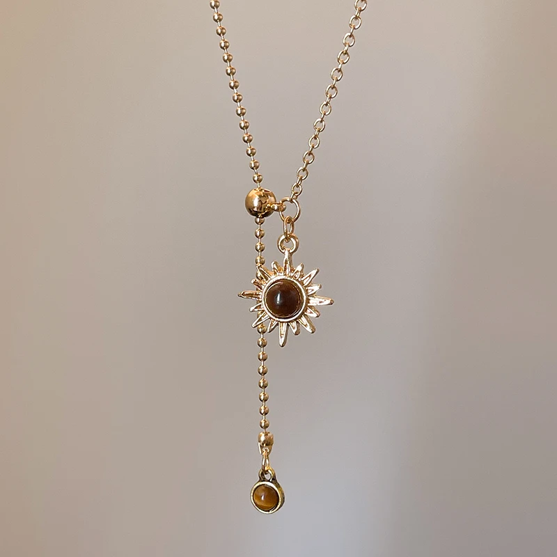 Lange Sonnenblume Tigerauge Stein Anhänger Halskette für Damen Accessoires 2025, neue Herbst/Winter Pullover Kette Licht Luxus Schmuck – Detail 7