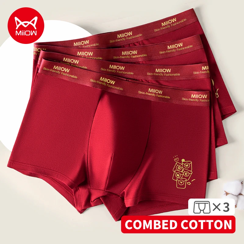 

MiiOW 3Pcs Cotton Men Underwear Lucky Red Men's Panties 10A Antibacterial Crotch Mens Underpants Breathable Printed Boxershorts