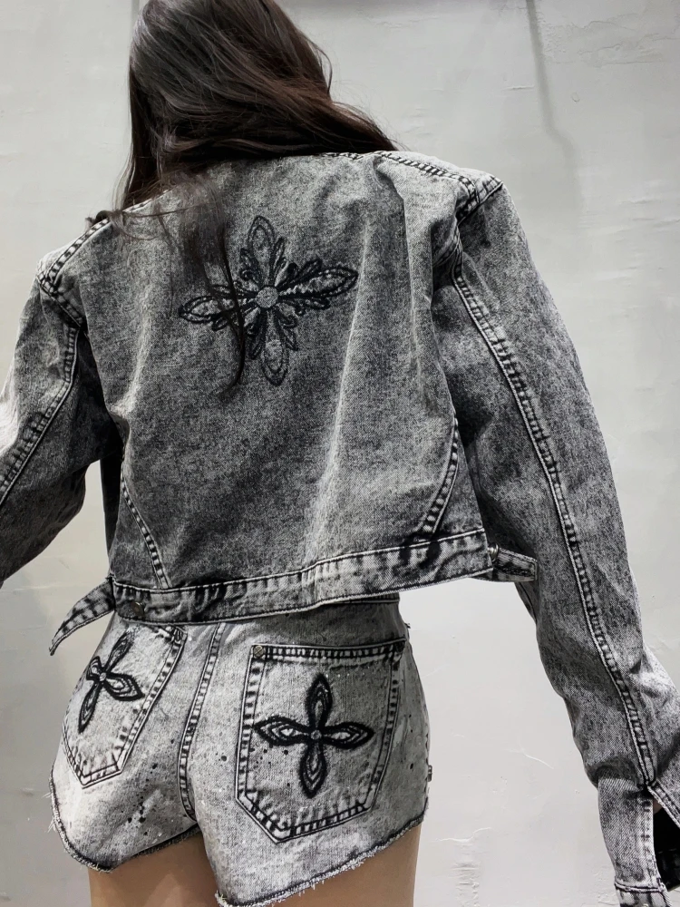 Trendy Embroidered Cross Denim Shorts Women's Design Sensation Spattered Ink Wide Leg Shorts Spicy Girl High Waist Hot Pants