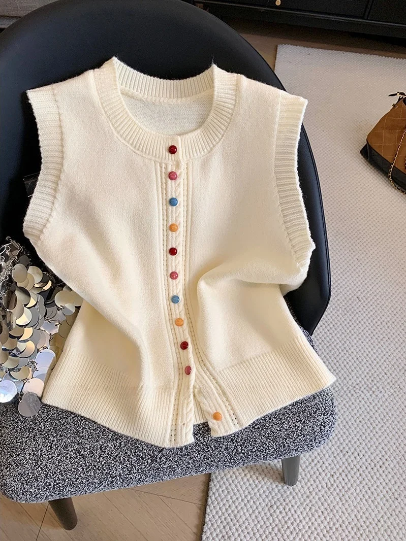 

Spring 2026 Women's Rainbow Button Knitted Vest Svel Top Layering Cardigan Breathable Stand Fit round Ne Pullover