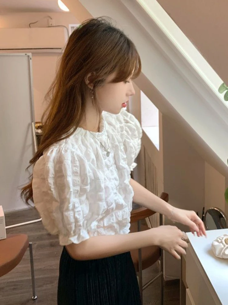 Puff Sleeve Blouses Women French Style Solid All-match Edible Tree Fungus Chic Sweet Princess Ladies Temperament Summer Fashion