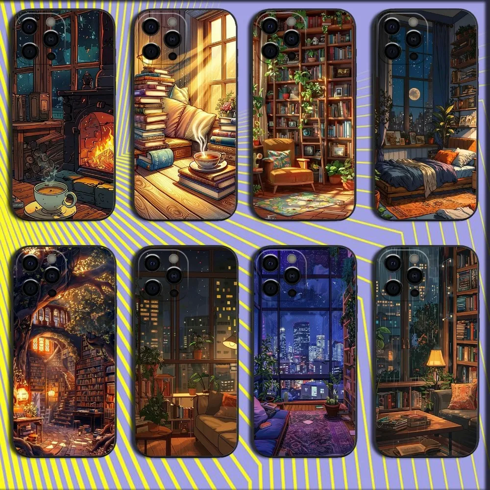 Coffee Study Book illustration Phone Case For iPhone 16,15,14,13,12,11,Pro,X,XS,Max,XR,Plus,Mini Soft Black Cover