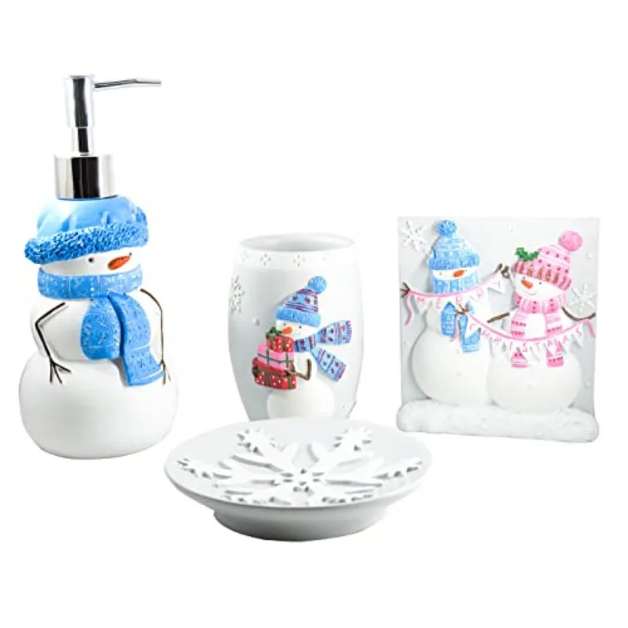 

Christmas Bathroom Accessories Snowman Bath Set with Soap Dispenser, Toothbrush Holder, Bath Tumbler and Snow Soap Tray White