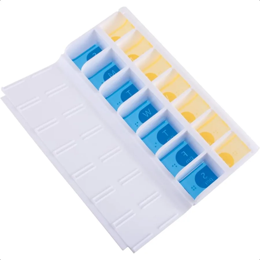 EZY DOSE Easy Fill 7Day Pill Medicine Vitamin Organizer Box Weekly 2 Times a Day AM PM Large Compartments Colored Lids 1 Count