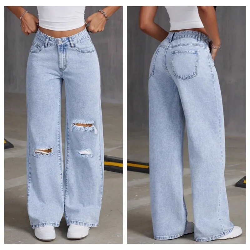 

2025 New Loose Light Blue Washed Wide Leg Denim Pants Solid Color Pants Women Jeans