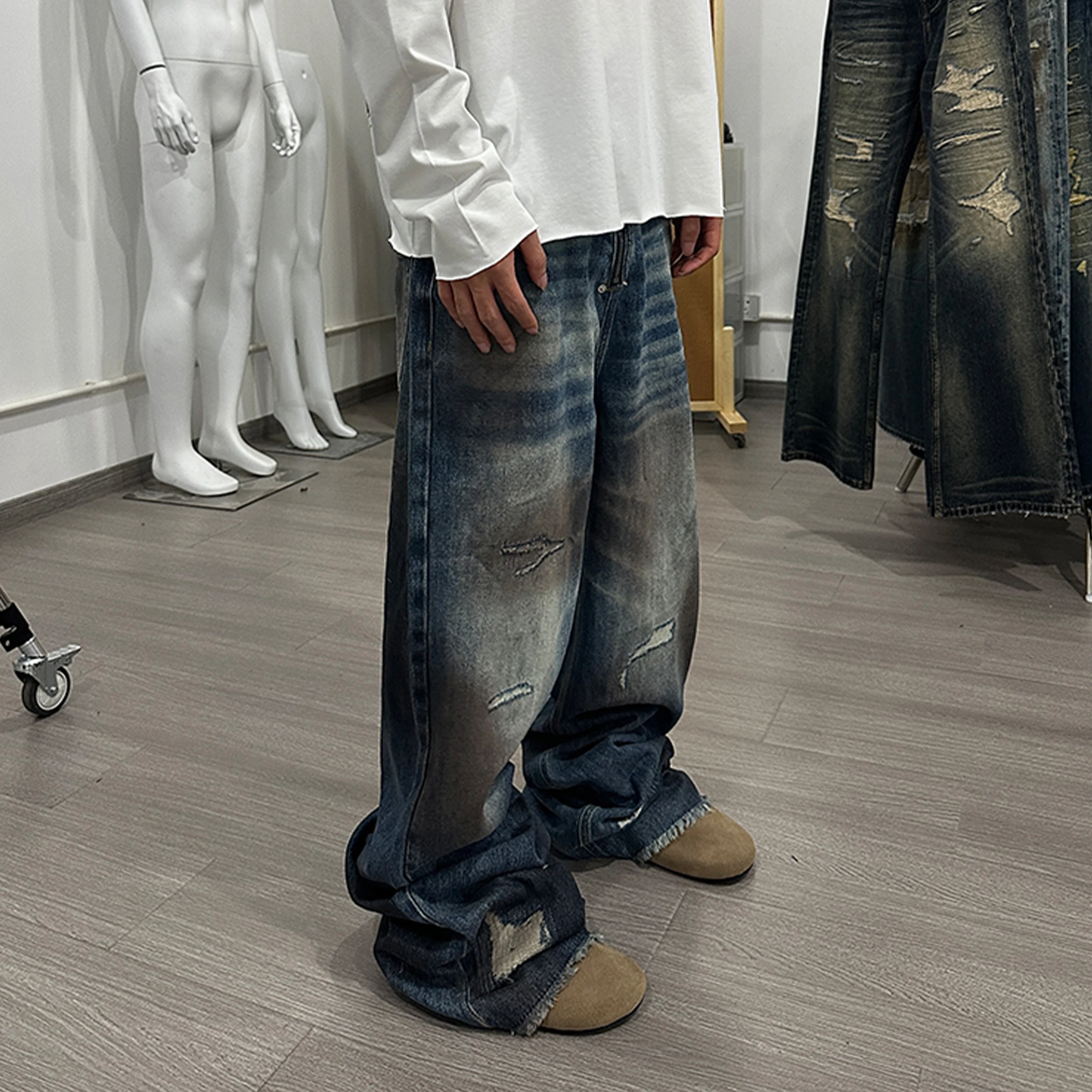 NIGO Men's Spring And Autumn Dirty Vintage Old Denim Jeans High Street Trend Spring And Summer Straight Pants #NGTOP11953