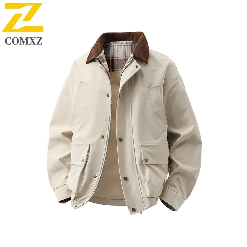 

COMXZ Men Jacket Turndown Collar Outdoor Camping Lightweight Multi Pocket Windbreaker Jackets Autumn Streetwear Handsome Coat