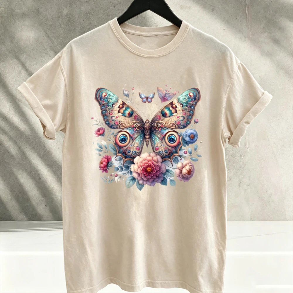 Women's Vintage Boho Botanical Butterfly Printed Cotton T-Shirt Ornate Wildflower Floral Nature Short Sleeve Aesthetic Clothes