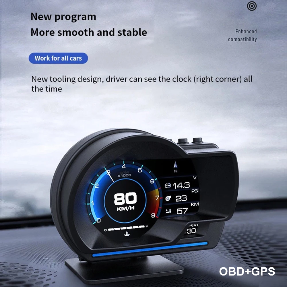 

Time Speedometer Car Head Up Display Multiple Alarm Functions Turbo RPM Gauge Universal Digital Odometer OBD2+GPS Smart Gauge