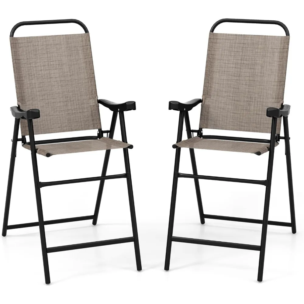 

2 Pieces Patio Folding Bar Chairs, High Top Patio Bar Chair with Metal Frame & Footrest, Outdoor Counter Height Chairs