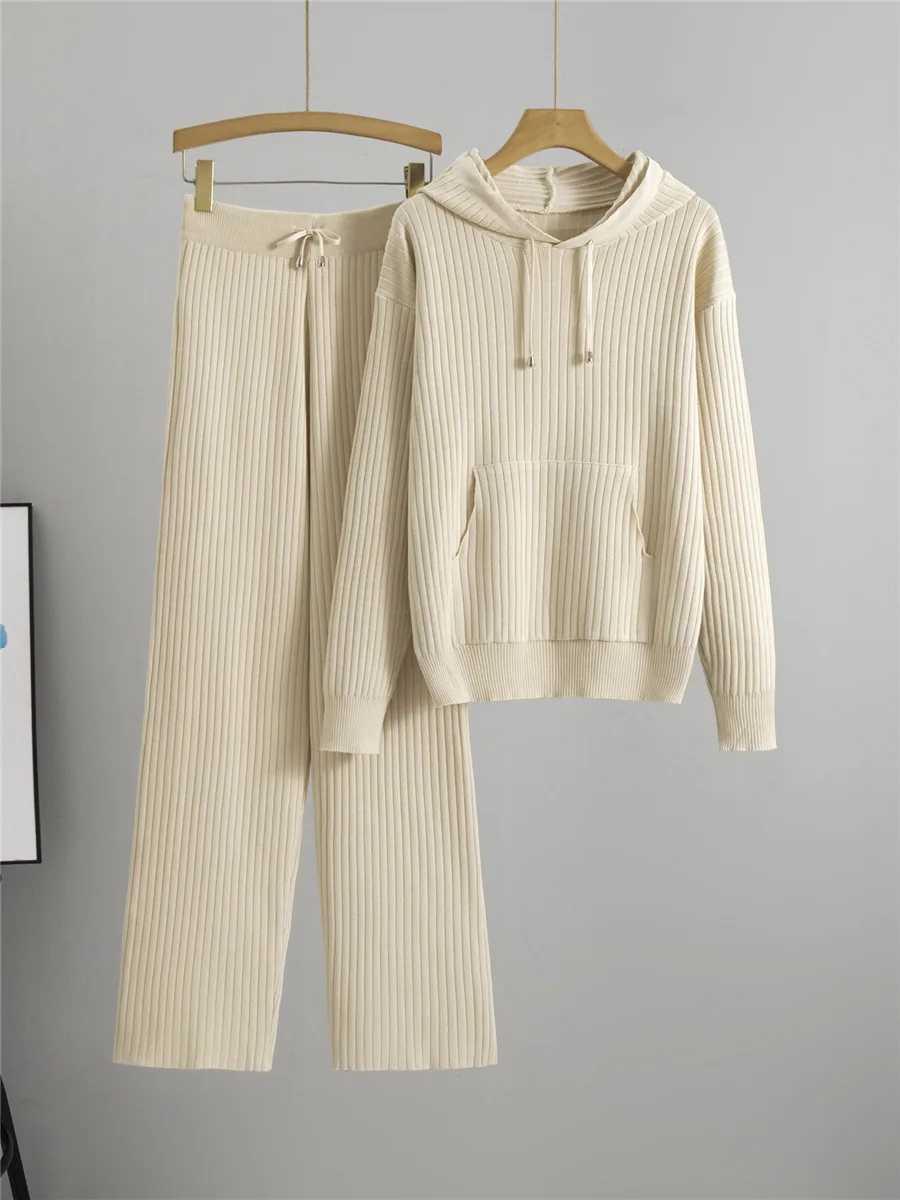 

Women Solid Knitted 2 Piece Sets Korean Casual Knitwears Sweater Hoodies Tops Conjuntos Fashion High Waist Wide Leg Pants Outfit