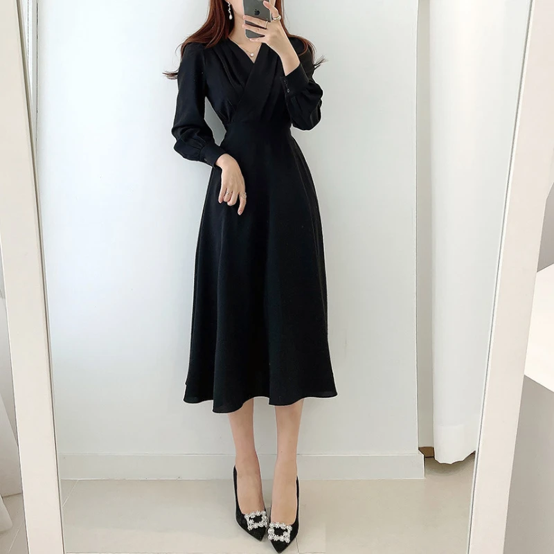 Harajuku V-neck Puff Sleeve A-line Maxi Dresses for Woman Women Solid Color Midi Robe Korean Office Dresses Elegant Spring 2022
