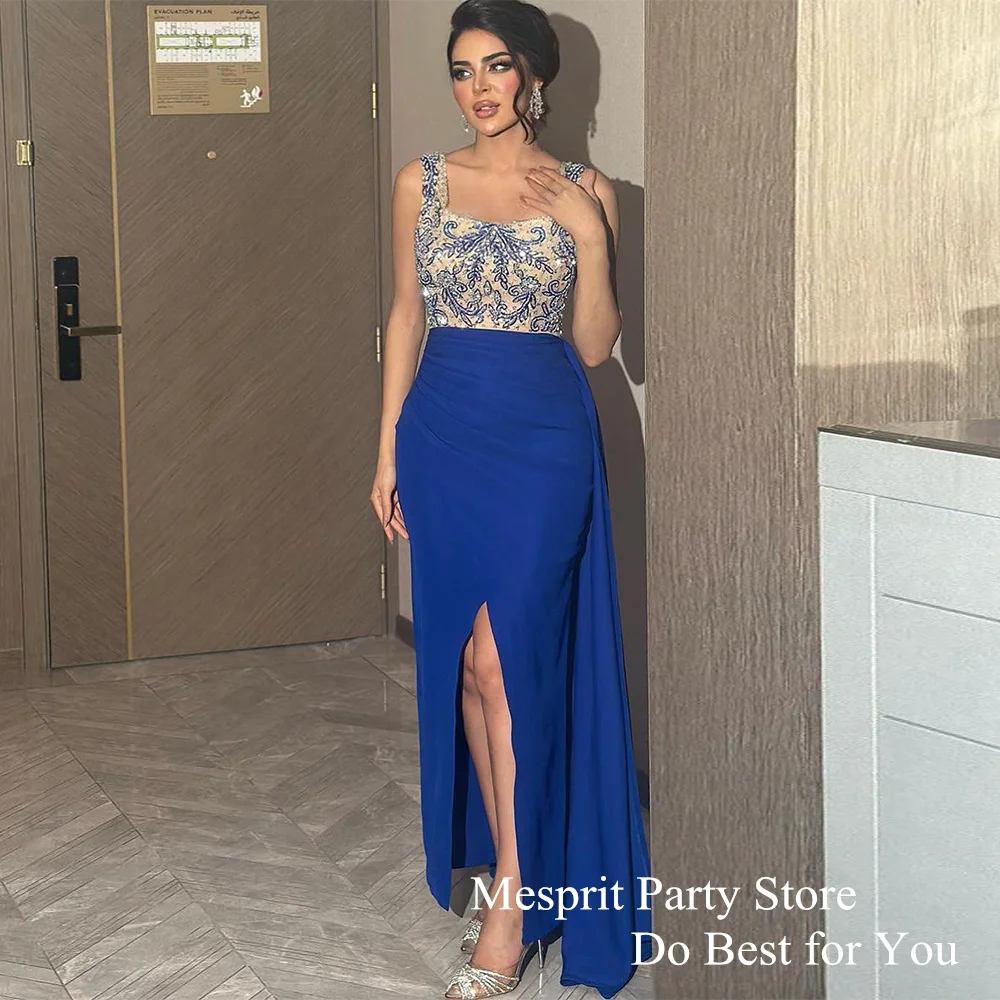 

Royal Blue Mermaid Evening Dress Square Neck Sleeveless Beading Applique Slit Trumpet Prom Gown فساتين حفلة موسيقية Party Dress