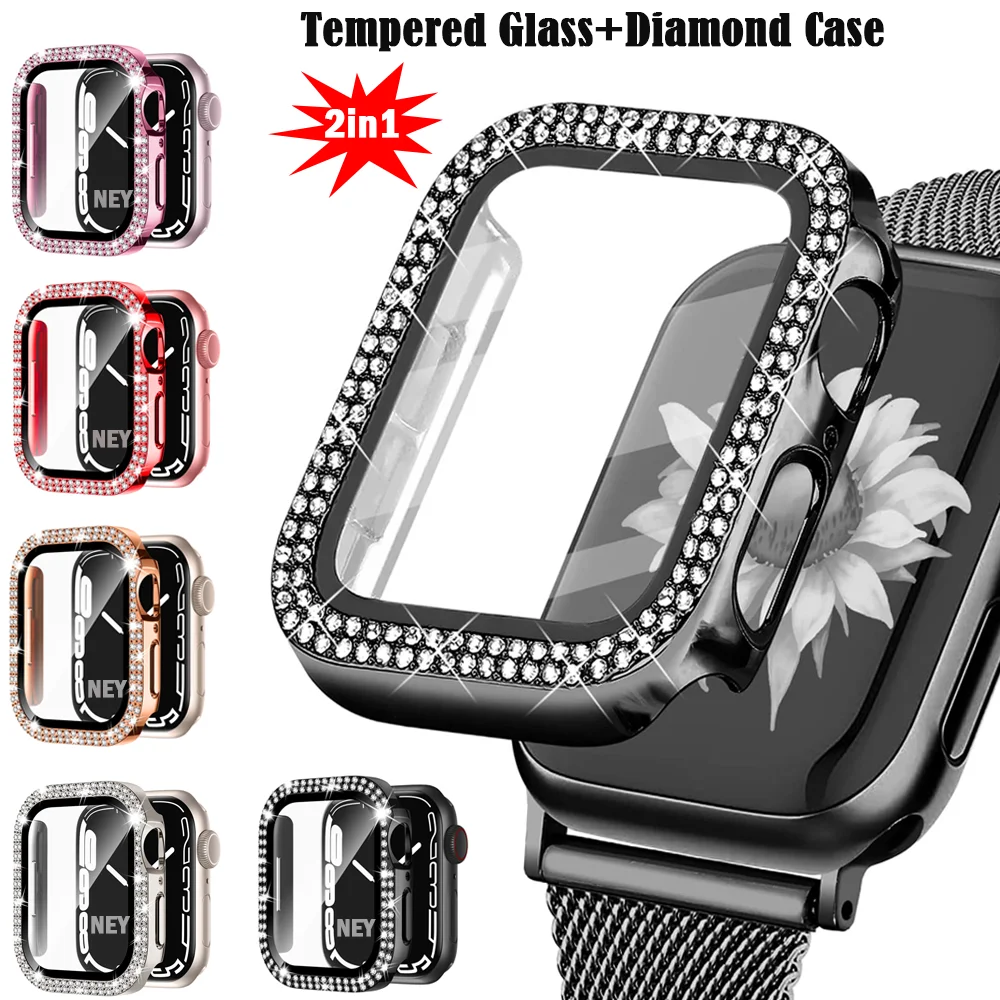 Diamond Cover For Apple watch Case 41mm 45mm 44mm 40mm Tempered Glass+Bling Bumper Screen Protector iWatch series 9 8 7 6 5 4 SE