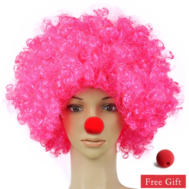 Bunte Clown-Perücke, Afro-Locken, synthetische Perücke, Cosplay für Männer und Frauen, Karneval, Party-Perücke, Rot, Grün, Gelb, Blau, Perücke, Clown-Nase – Detail 8