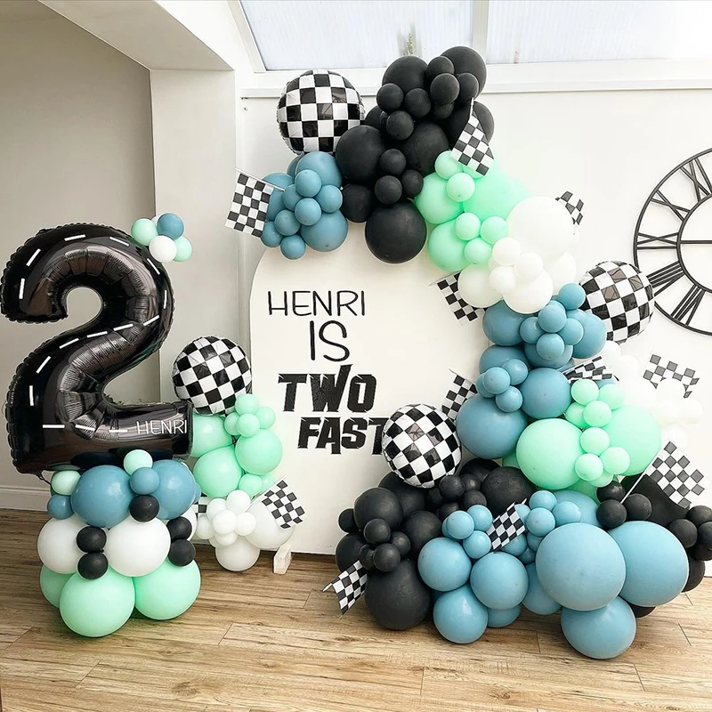 Racing Car Theme Party Balloon Garland Kit Two Fast Second Birthday Decorations Girls Boys Number 1-9 Blue Green Balloons