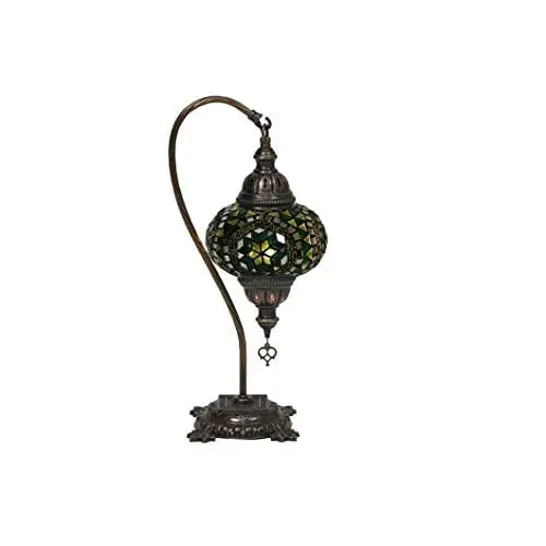 LaModaHome English Moroccan Handmade Mosaic Glass Curvy Swan Neck Table Lamp Light with Decorative Dark Copper Fixture for Bedro