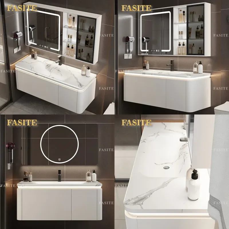 For Smart Bathroom Washbasin Hot Bending Integrated Slate Basin Cabinet Combination Simple Modern Vanity Unit Space Saving
