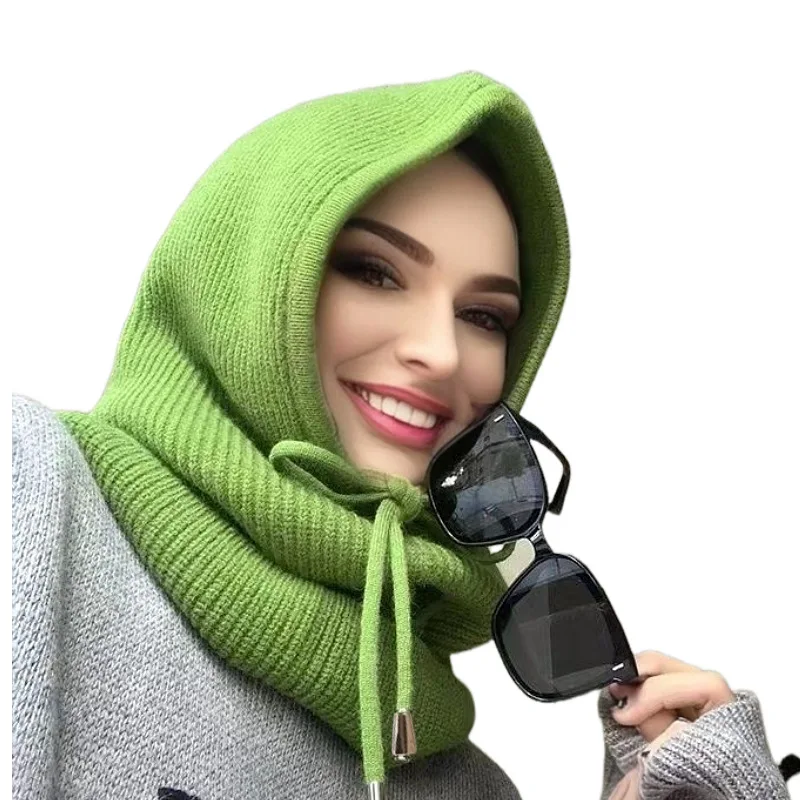 가을 겨울 따뜻한 목도리 일체형 니트 후드 방풍 모자 스키 귀목 보호 울 모자