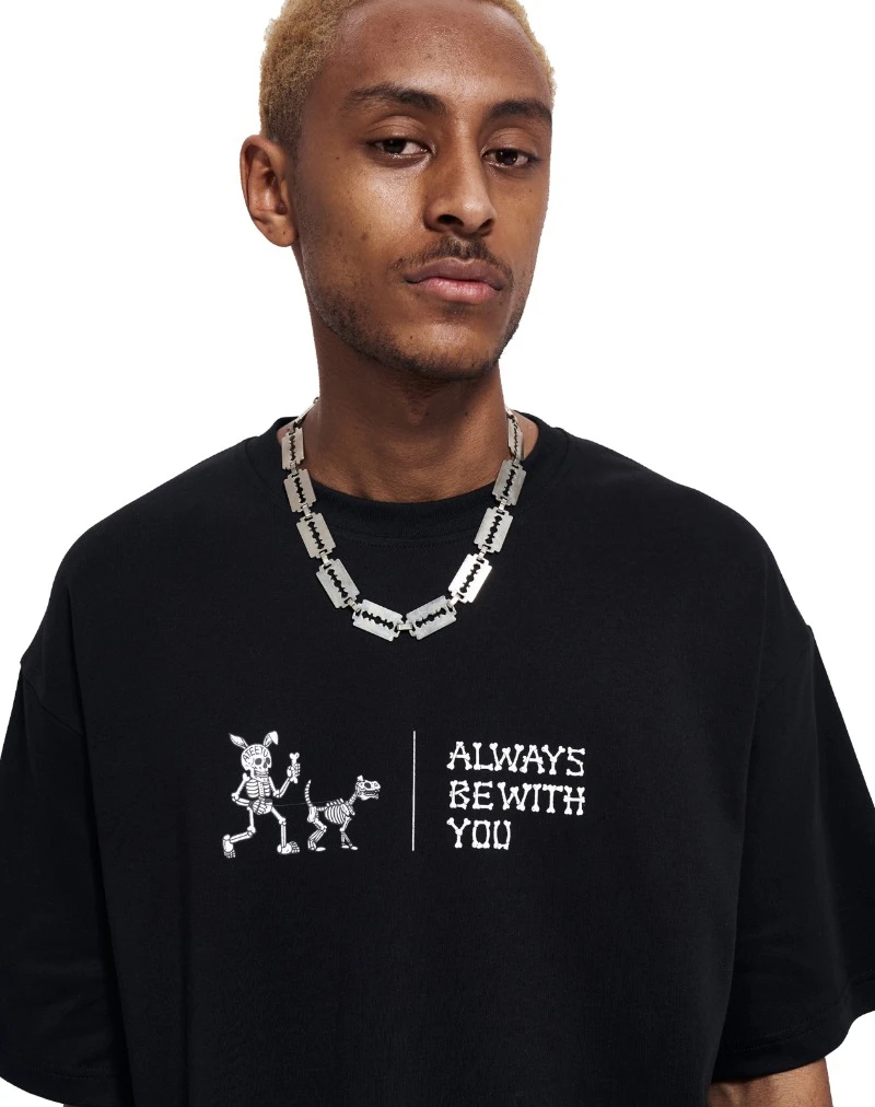 

2025 Summer Fashion Skull Puppy print short-sleeved loose off-the-shoulder American niche simple design T-shirt of high quality