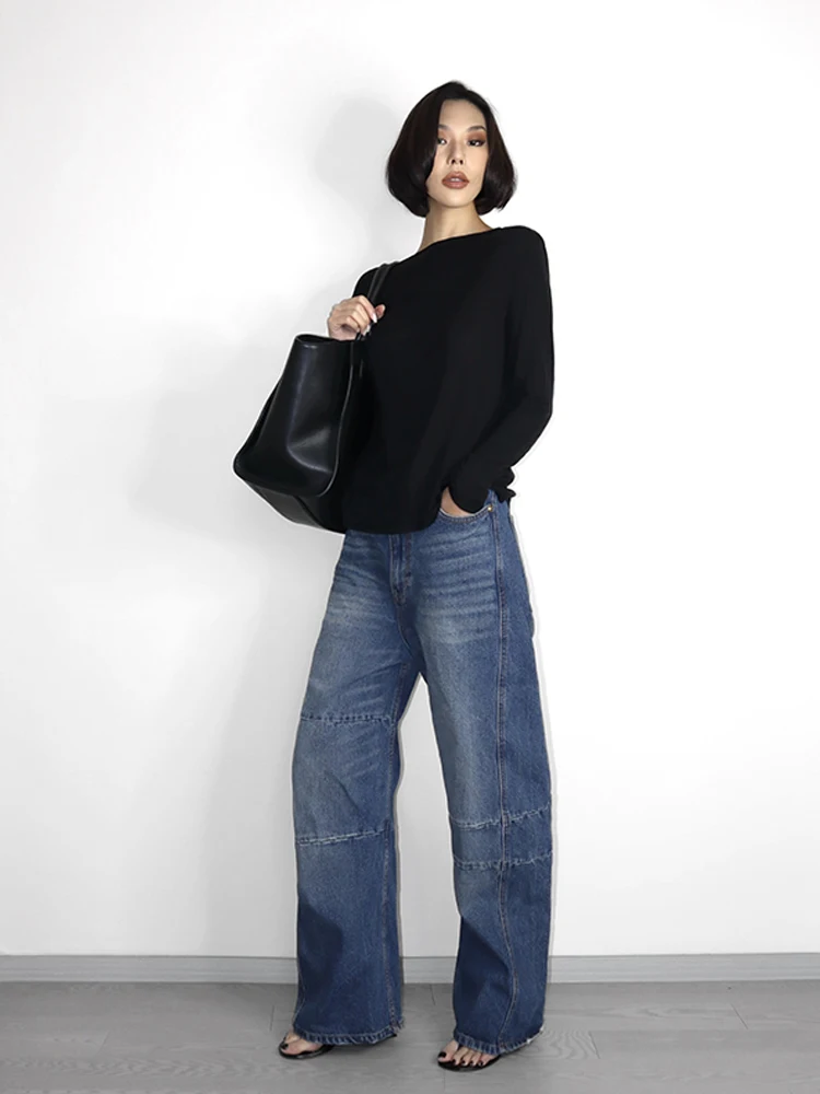 

Джинсы VanaLab винтажные синие джинсовые с пэчворком, с высокой талией, свободного прямого кроя, женские, осенне-зимние, утягивающие, модель «Нож»