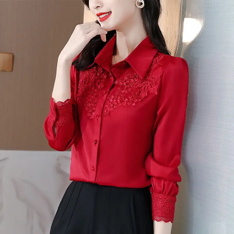Blusa emendada com bordado de renda, single-breasted, roupa feminina, camisa de comutar vintage, gola virada para baixo, elegante, primavera,