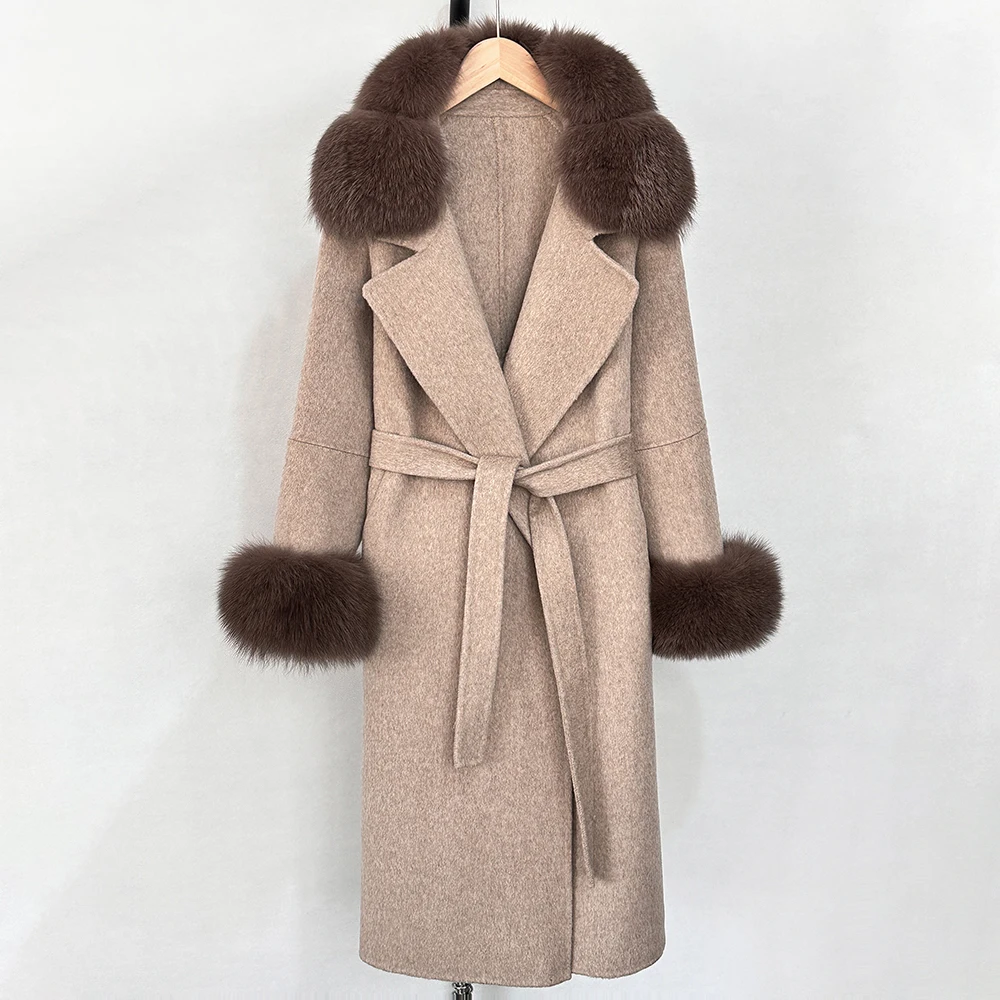 الواقع معطف الفرو الصوفية النساء الخريف الإناث سترة الفراء الحقيقي موضة جديدة الدافئة الصوف مزيج معطف الربيع طويل كبير الثعلب الفراء الأصفاد #4