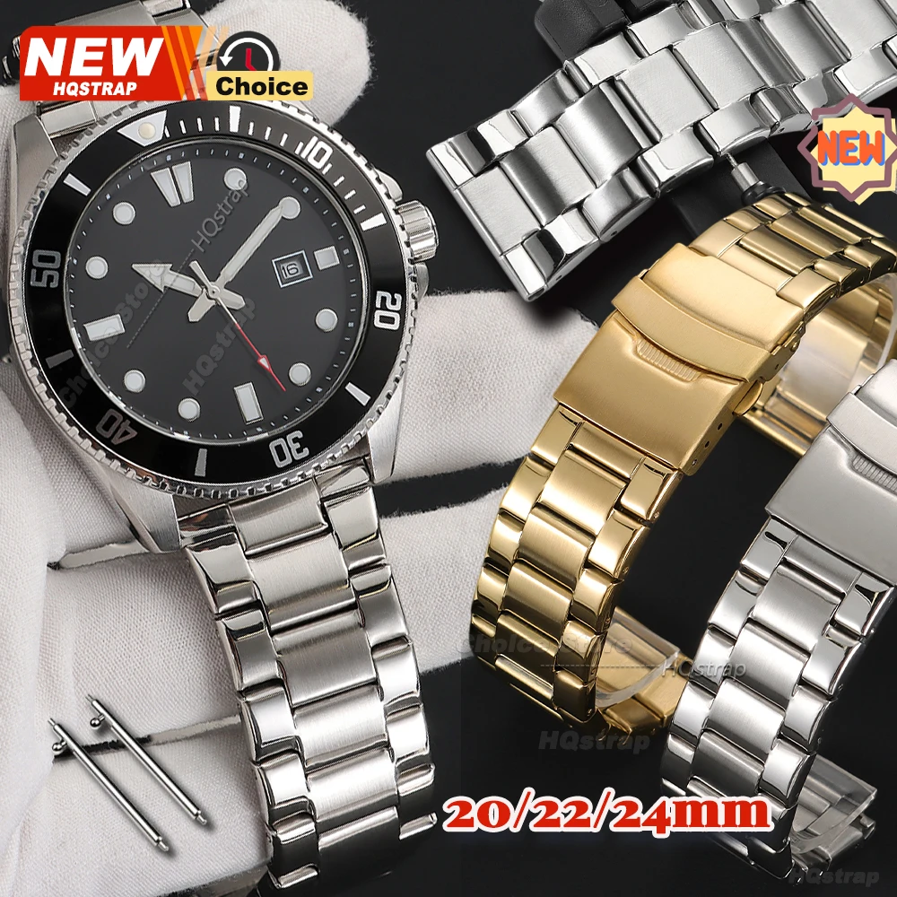 New Stainless Steel Watch Strap 20mm 22mm 24mm Bands for Seiko Bracelet for Rolex Three Bead Metal Wristband Women Men Watchband