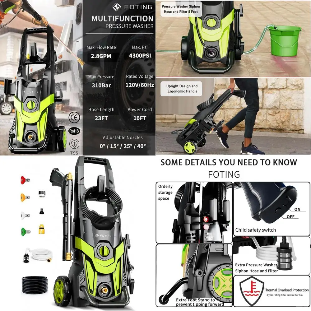 

Мойка высокого давления 4300 фунтов на кв. дюйм с 4 насадками, входным шлангом, фильтром и пенной насадкой для чистки автомобилей, газонов, подъездных путей и дома - Gr