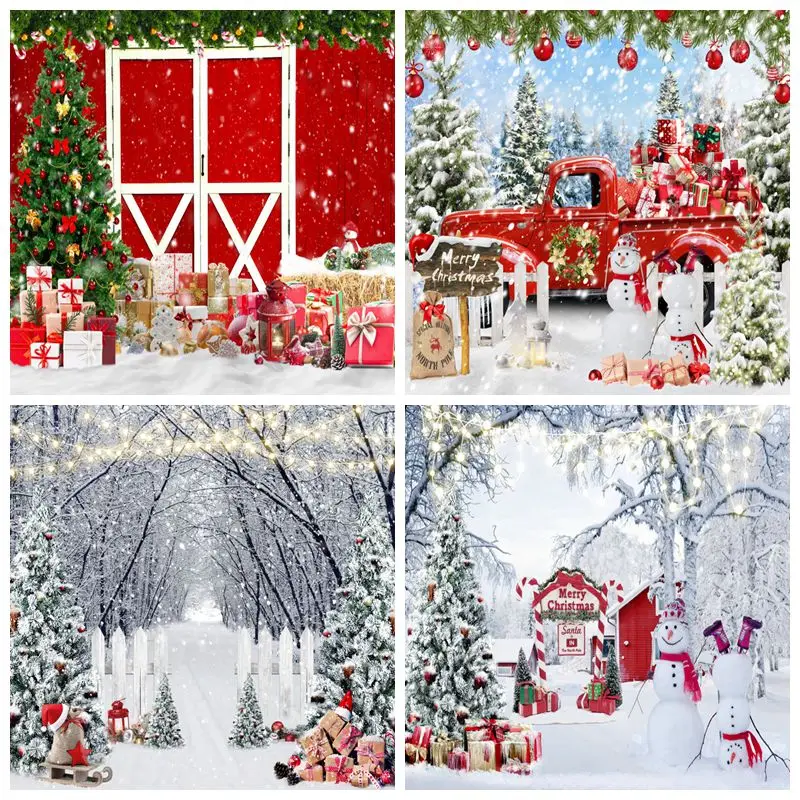 

Red Christmas Backdrop Snow Window Tree Kids Baby Photography Props Xmas Fireplace Adult Girl Child Portrait Background Photo