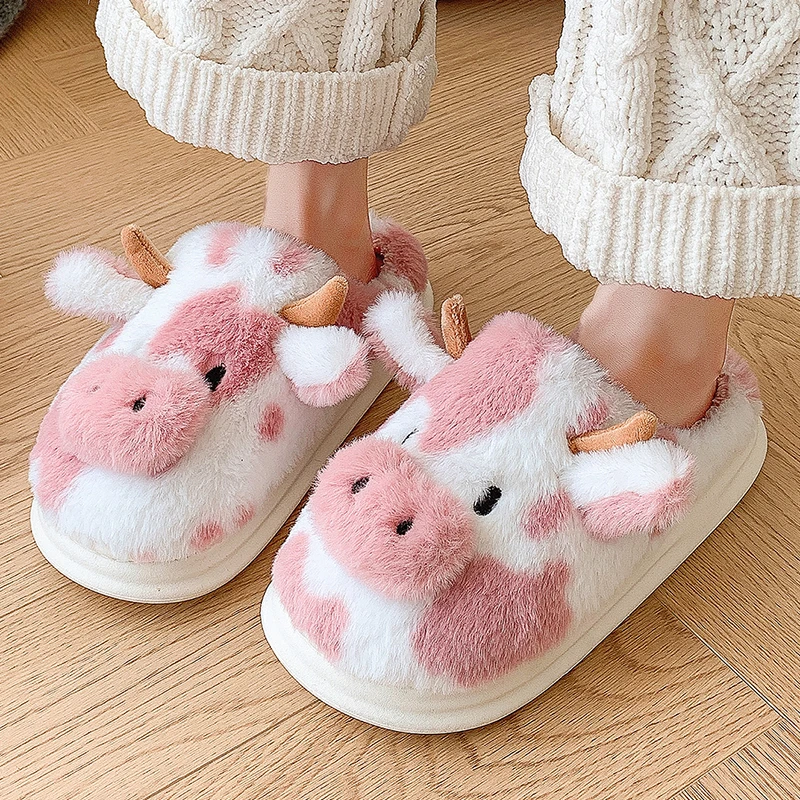 Winter New Spotted Cow Cotton Slippers Women's Indoor Household Cotton Slippers Home Warm Thick Bottom Plush Slippers