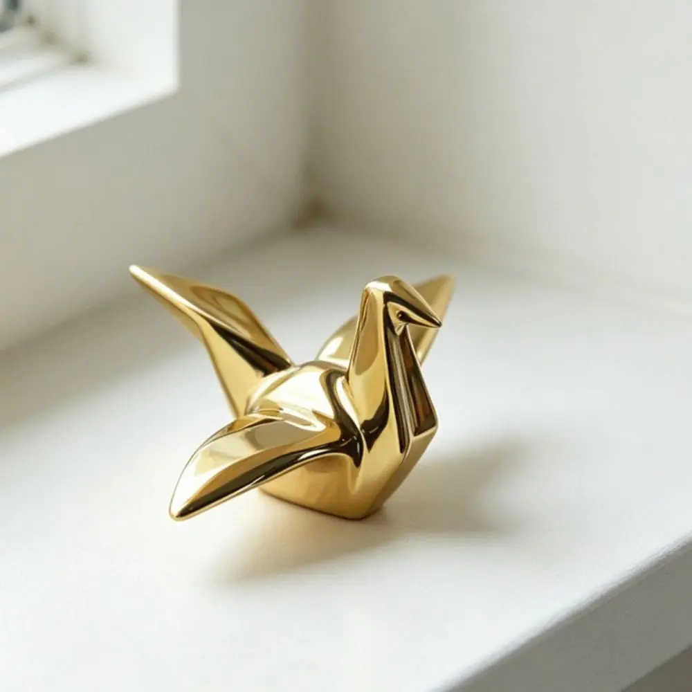 Ceramic Material Ceramic Crane Figurine Geometric Design Gold Accent Origami Bird Statue Porcelain Craft Modern Style