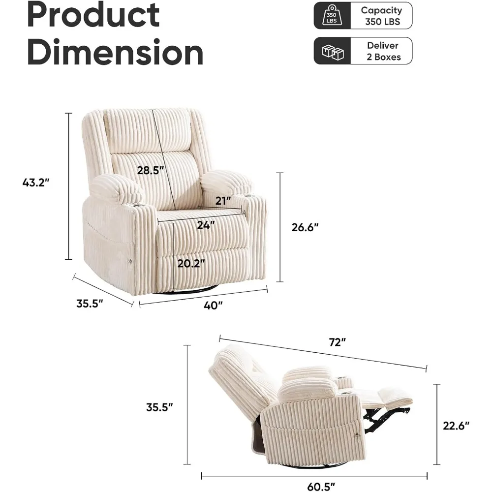 Oversized Recliner with Massage, Heat, Swivel Rocking, Adjustable Headrest, Phone Stand, Side Pockets in Beige