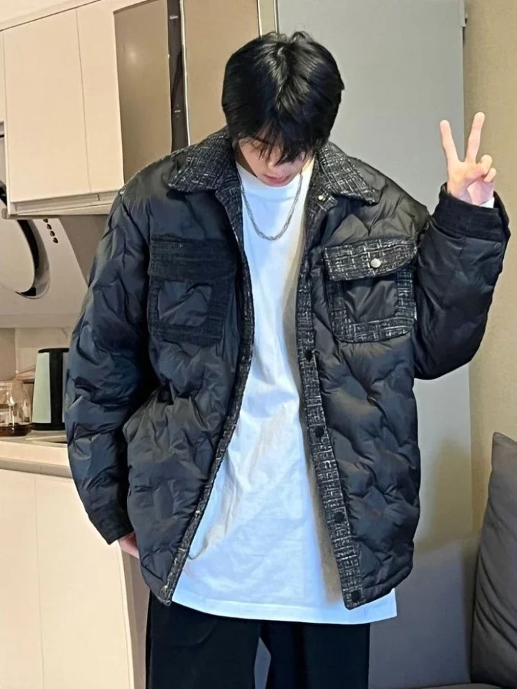 ​Men's Winter Thickened Patchwork Cotton Coat Retro American Hiphop Design Warm Oversized Streetwear Jacket​