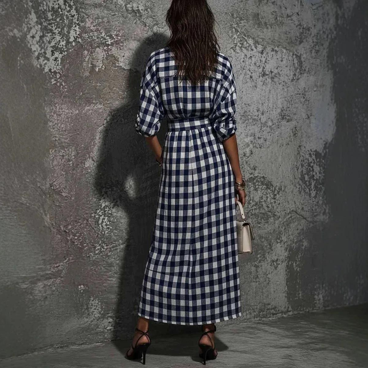 Boho Plaid Dress with Belt, Bohemian Casual Pocket Dresses for Spring Summer