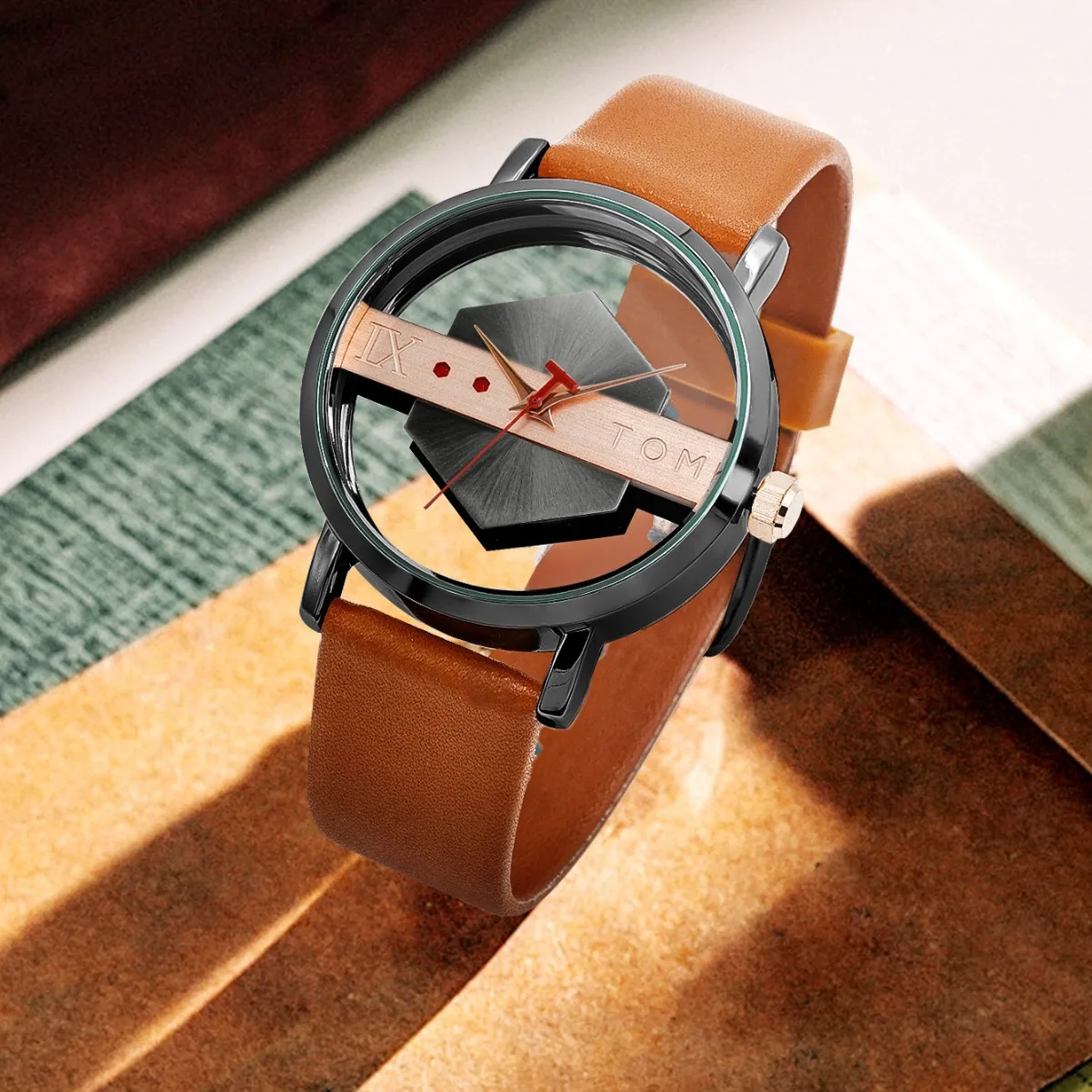 TOMI Hollow Transparent Quartz Watch Men Women Unisex Fashion Wristwatch Leather Strap Creative Dial Casual Reloj Hombre Montre
