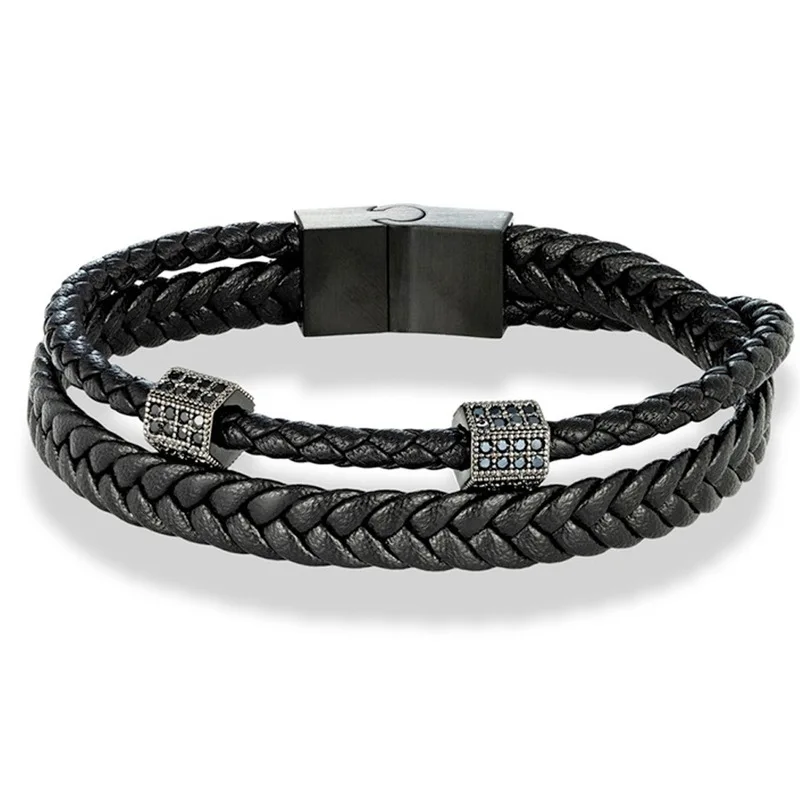 Leather Braided Bracelet for Men Stainless Steel Water Diamond Inlay Multi Layer Handmade Genuine Cowhide Wristband