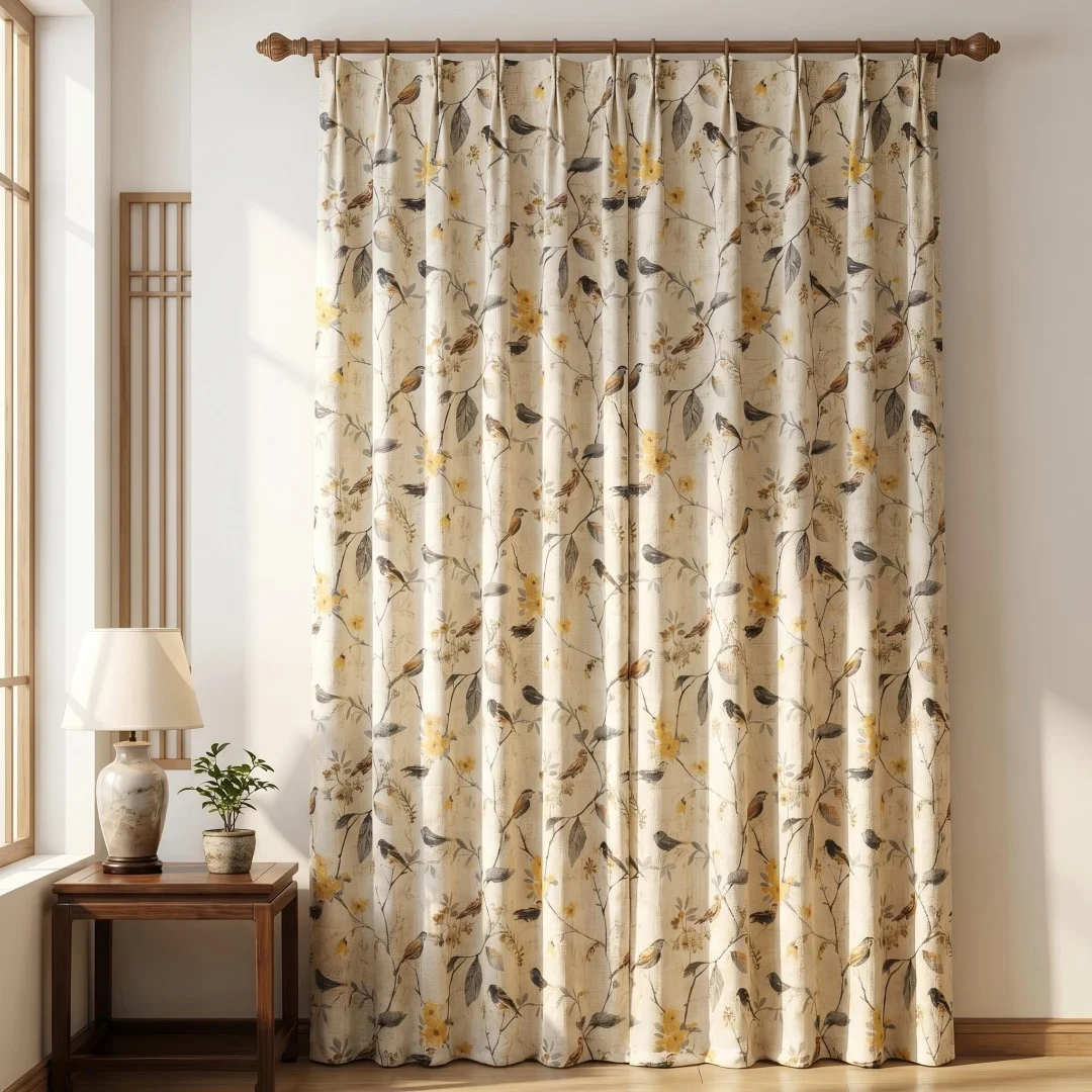 

Pastoral flowers, birds, imitation cotton and linen printed semi-shading curtains, bedroom balcony landing floating curtains